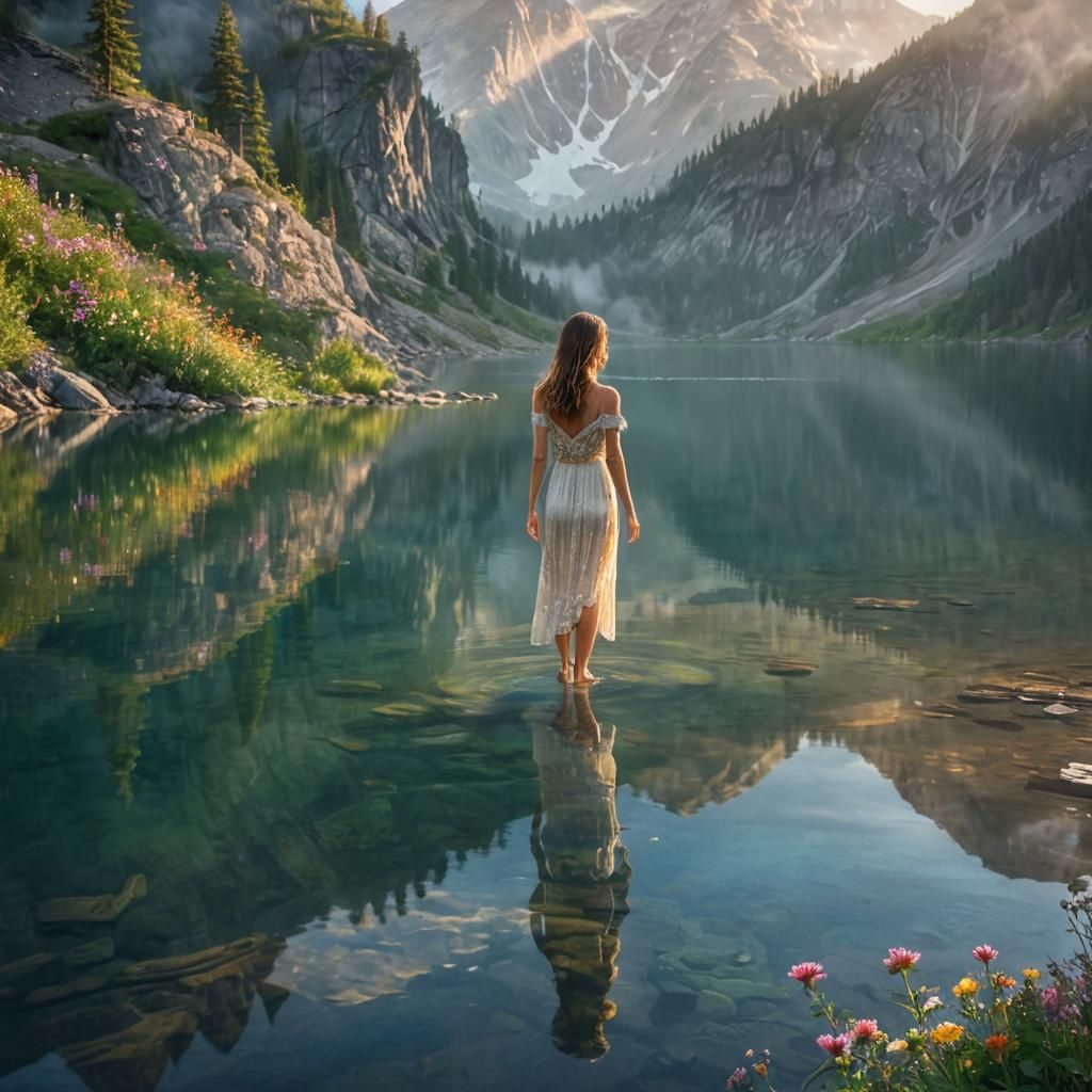 Transcendent Woman at Crystal Lake: Surreal Dreamscape