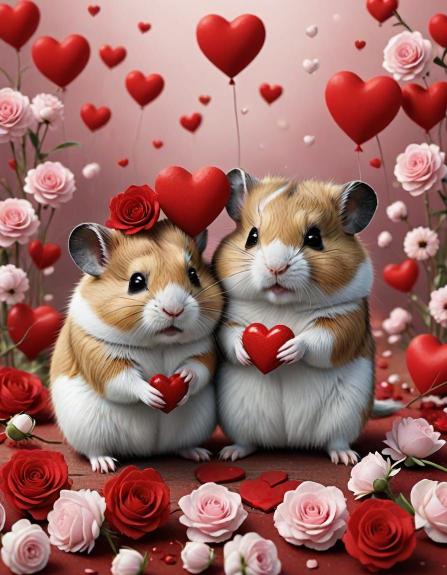 Cute Hamsters in a Whimsical Valentine's Day Scene