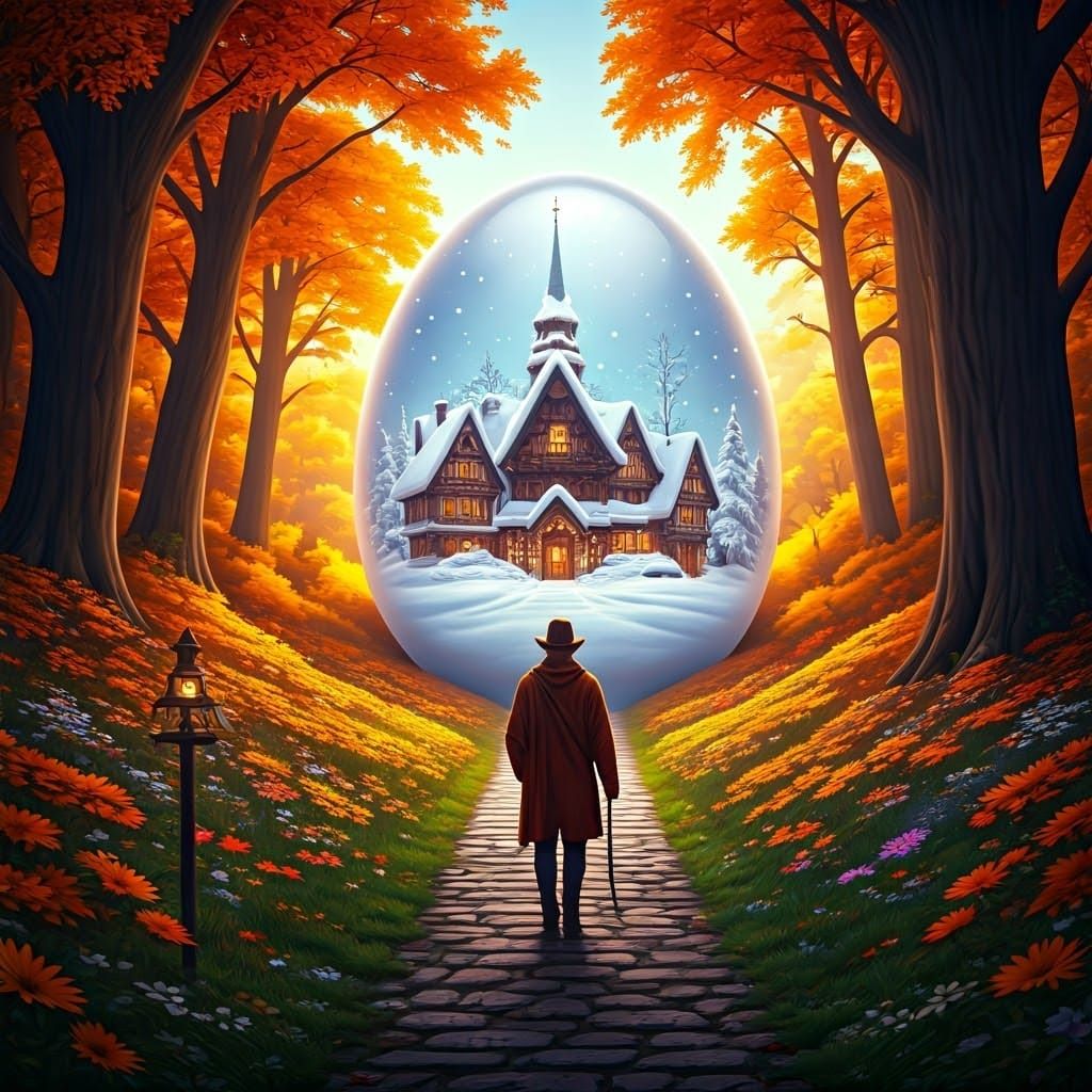 Fantasy Autumn Man Enters Winter Village