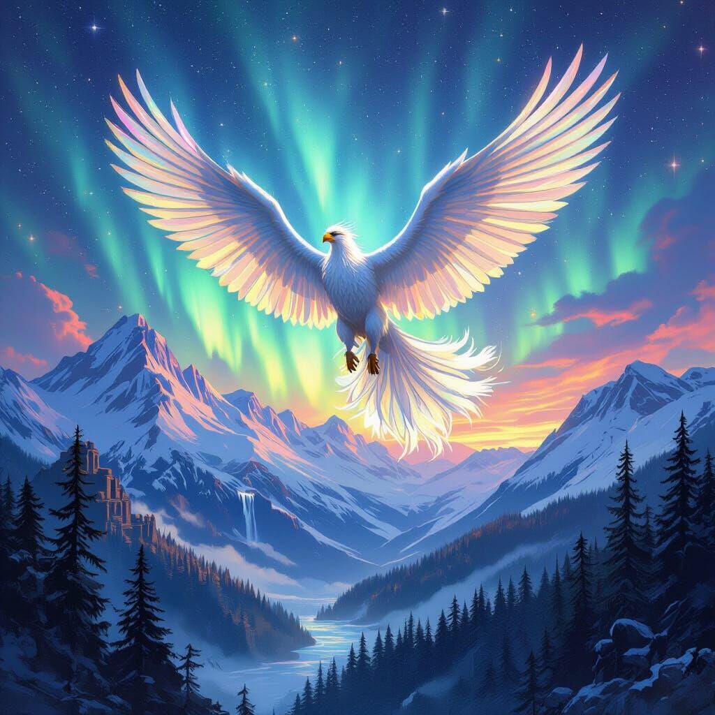 Griffin Soaring Through Aurora Sky, Fantasy Art Style
