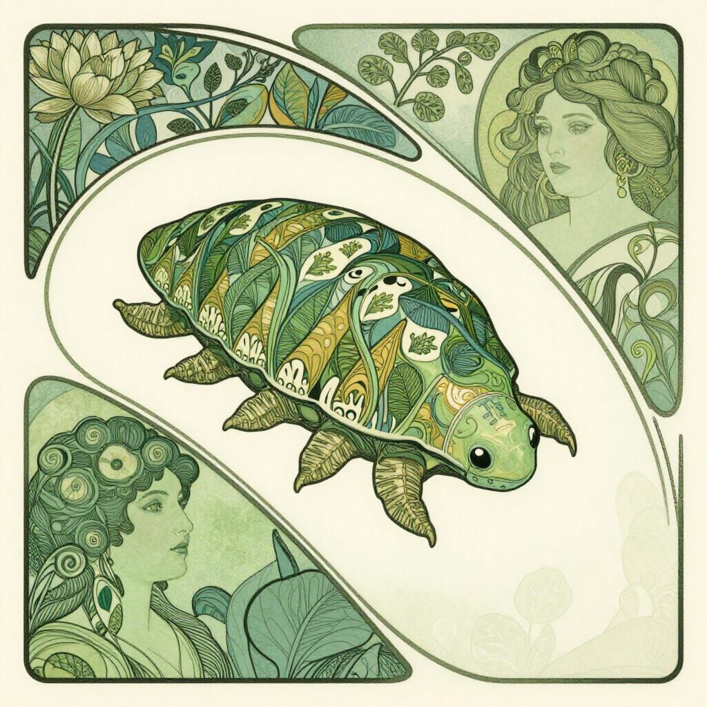 Tardigrade Embraced by Art Nouveau Botanical Patterns