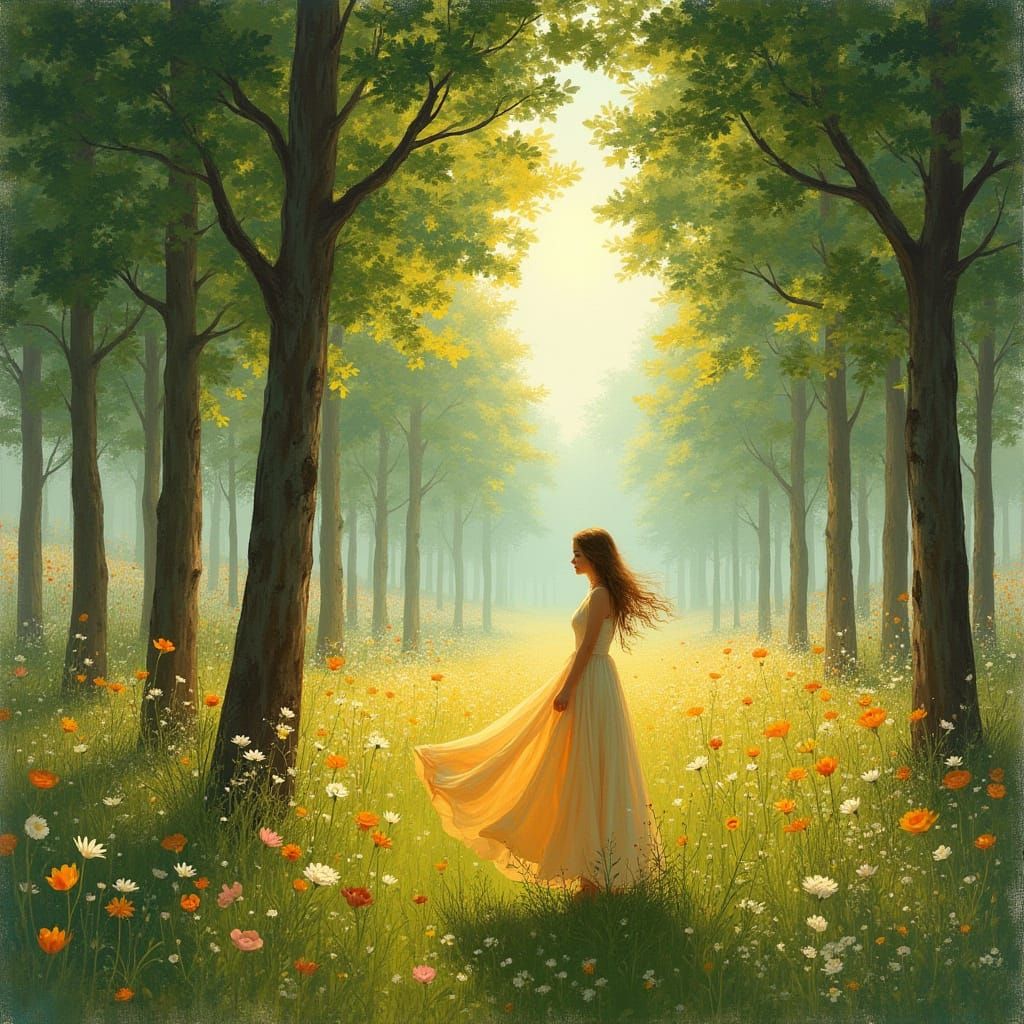 Whimsical Woman in a Vibrant Meadow Scene
