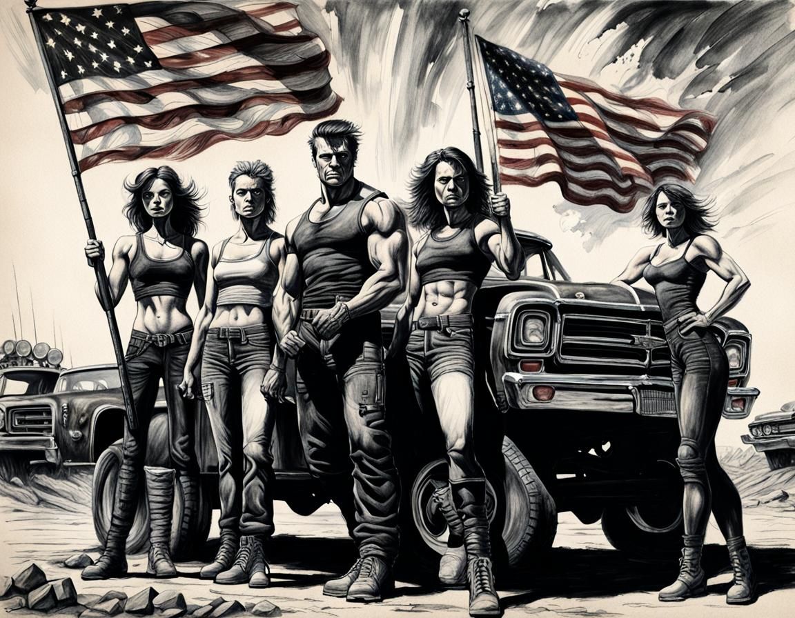 Victorious Group in Post-Apocalyptic Charcoal Drawing