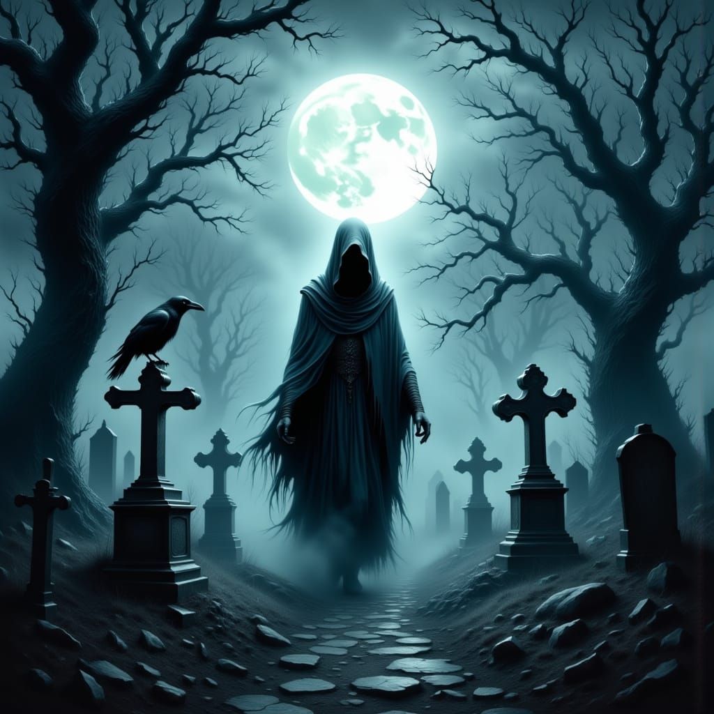 Gothic Horror Poster: Cloaked Figure in Graveyard