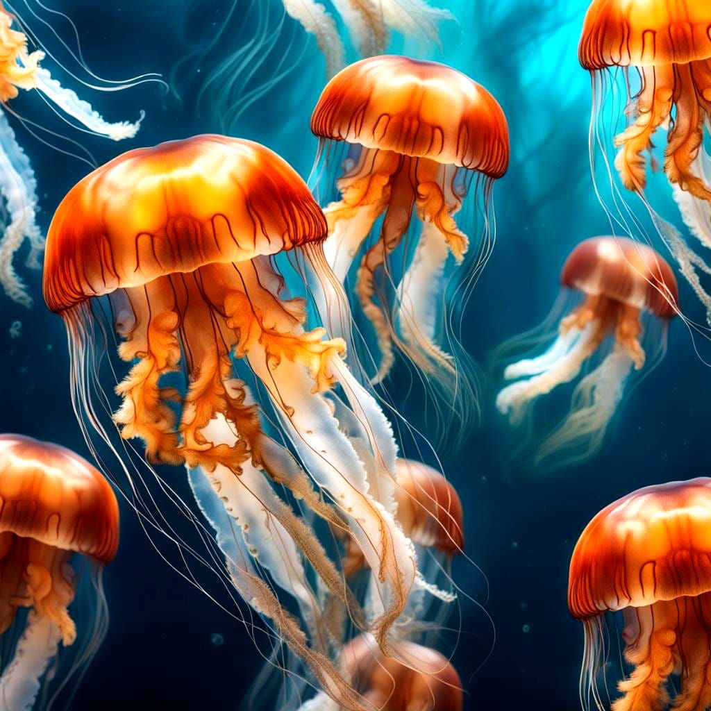 Hyperrealistic Swarm of Lion’s Mane Jellyfish