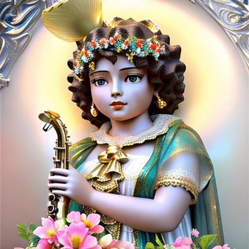 Saxophone Sculpture with Floral Vase in Park