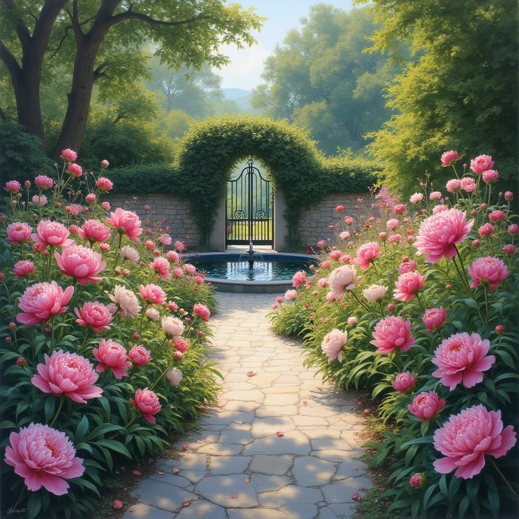Realistic Flower Garden with Peonies and Fountain