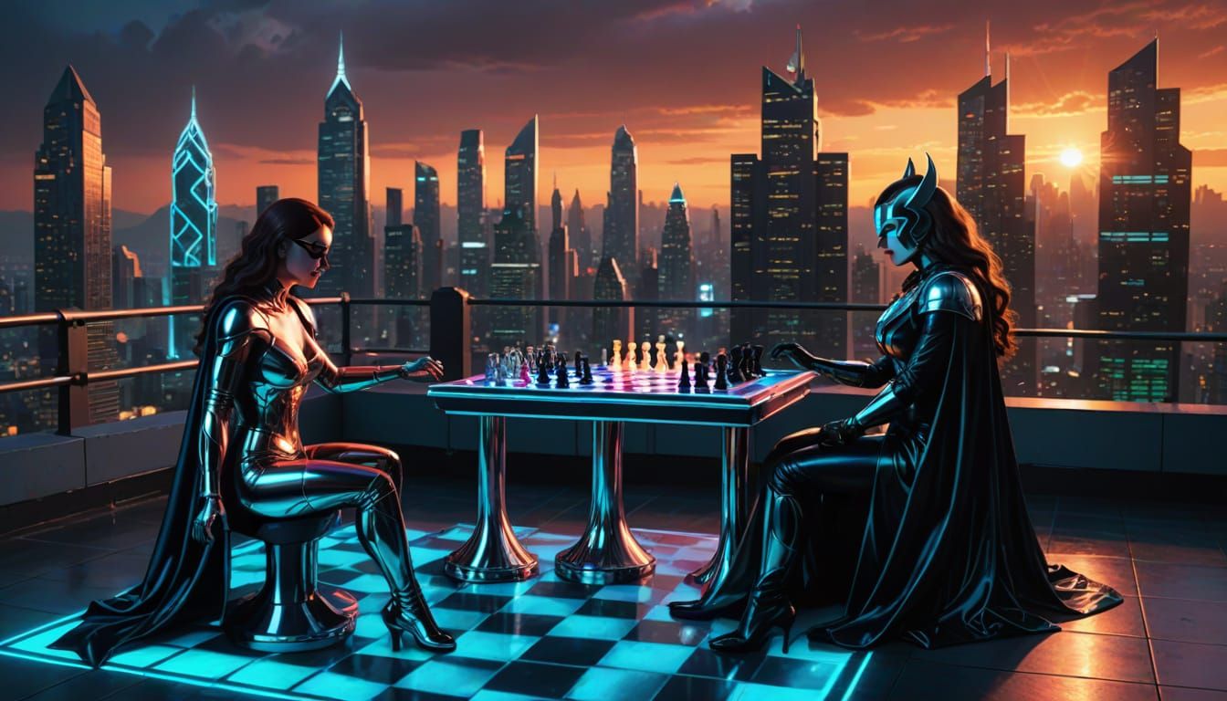 Chrome Latex Chess Match: Neon Cityscape Digital Art
