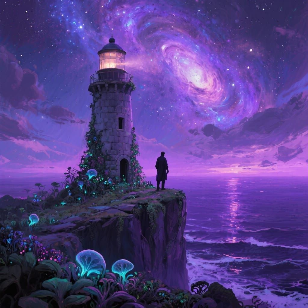 Lighthouse Keeper Gazes at Cosmic Nebula Above Alien Flora