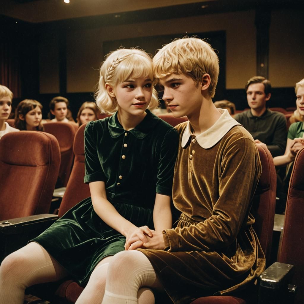 Boy in Velvet Dress Seated in Cinema, Warm Golden Light