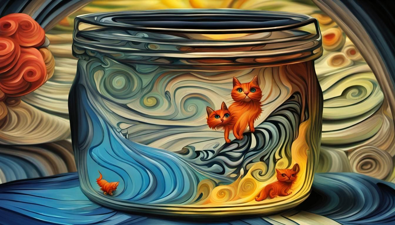 Blue Striped Cat with Birds, Surreal Cubism