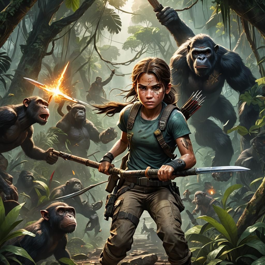 Child Lara Croft in Ape City: Hyperrealistic Concept Art