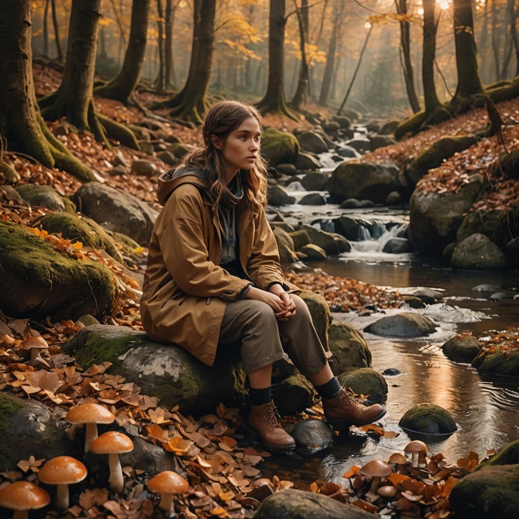 Autumnal Girl in Forest Stream: Cinematic Still
