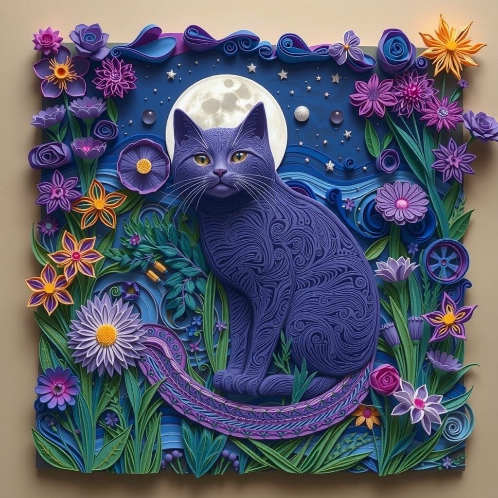 Vibrant Quilling Collage of a Purple Cat in a Starry Meadow