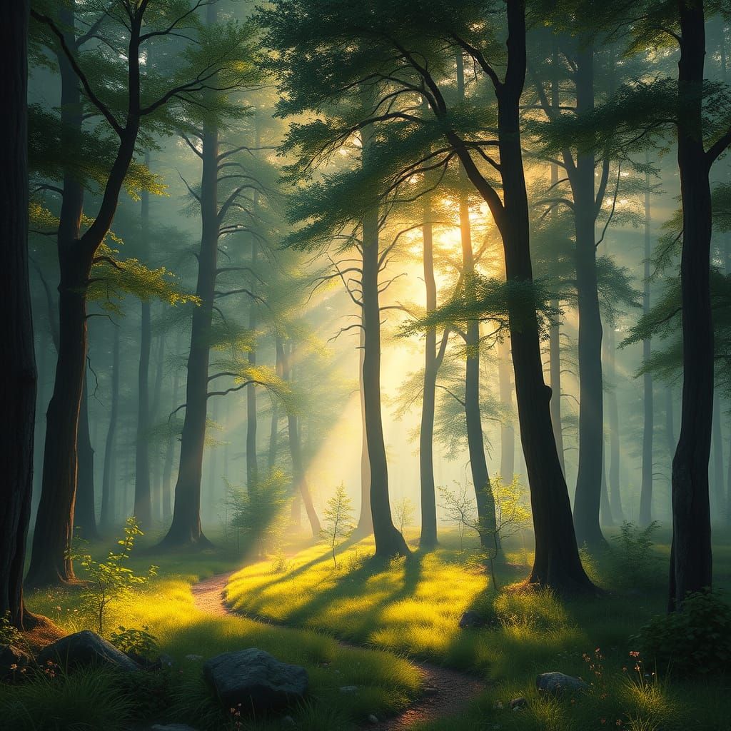 Lush Forest Landscape with Sunlight, in Impressionistic Styl...