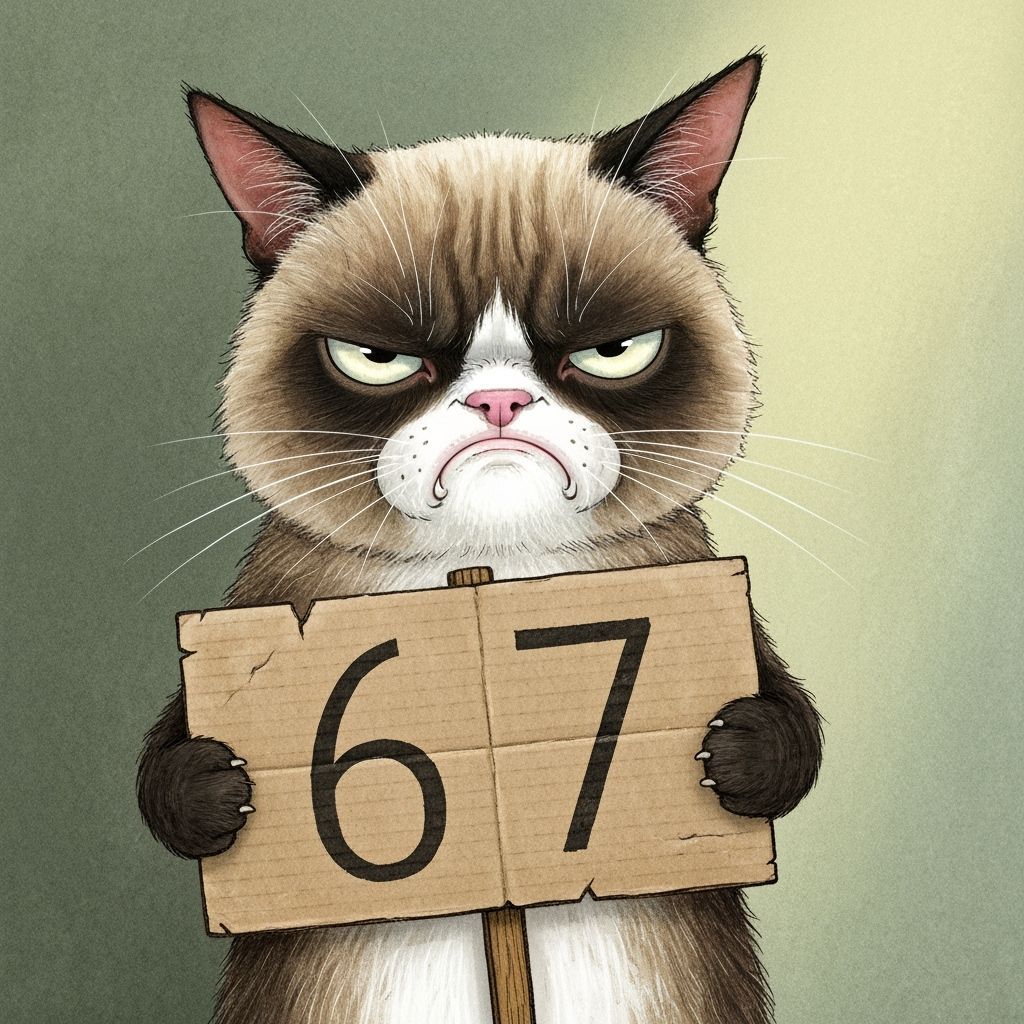 Grumpy Cat Holds Sign with Numbers 6 7