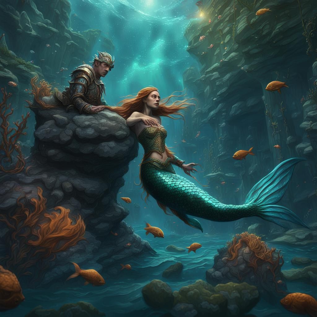 Mermaid Rescues Drowning Man: Detailed Fantasy Art