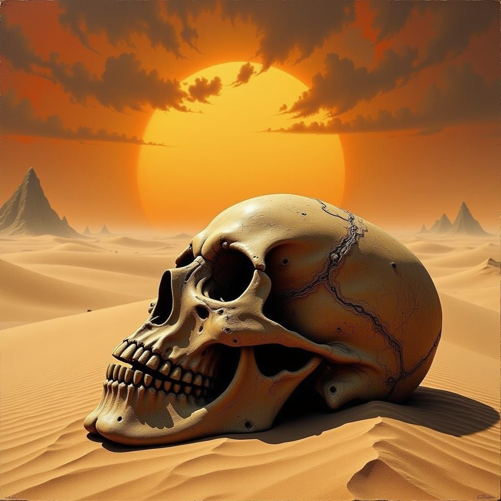 Weathered Skull in Desert Sand at Sunset