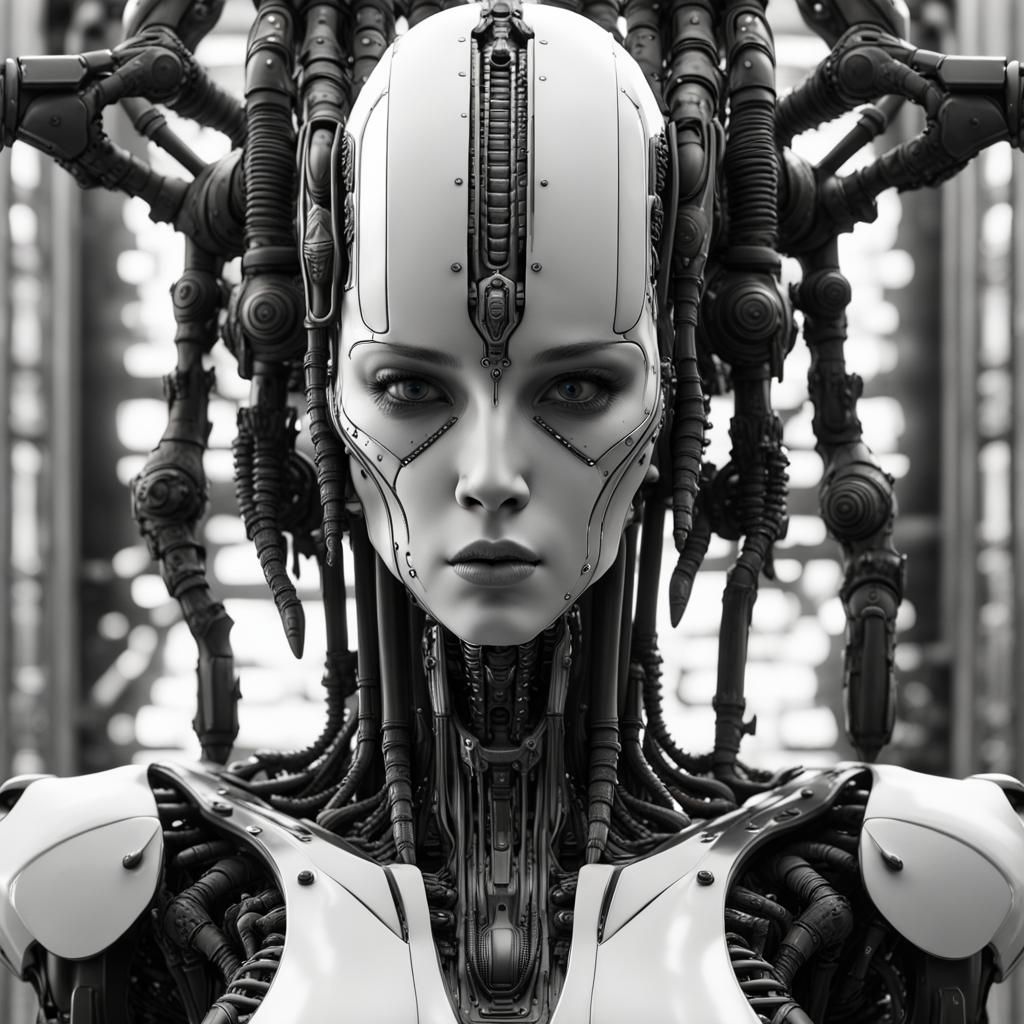 Giger-esque Female Robot in Black and White