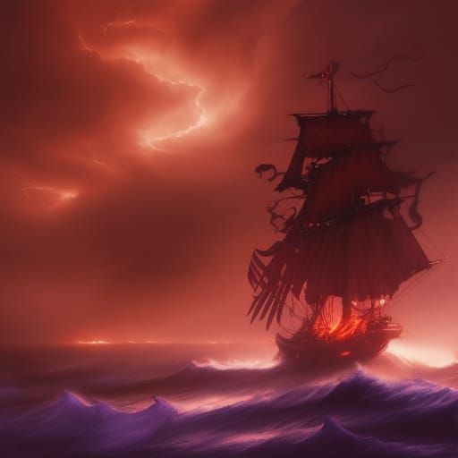 Fire Dragon Attacks Pirate Ship: Dark Fantasy Art