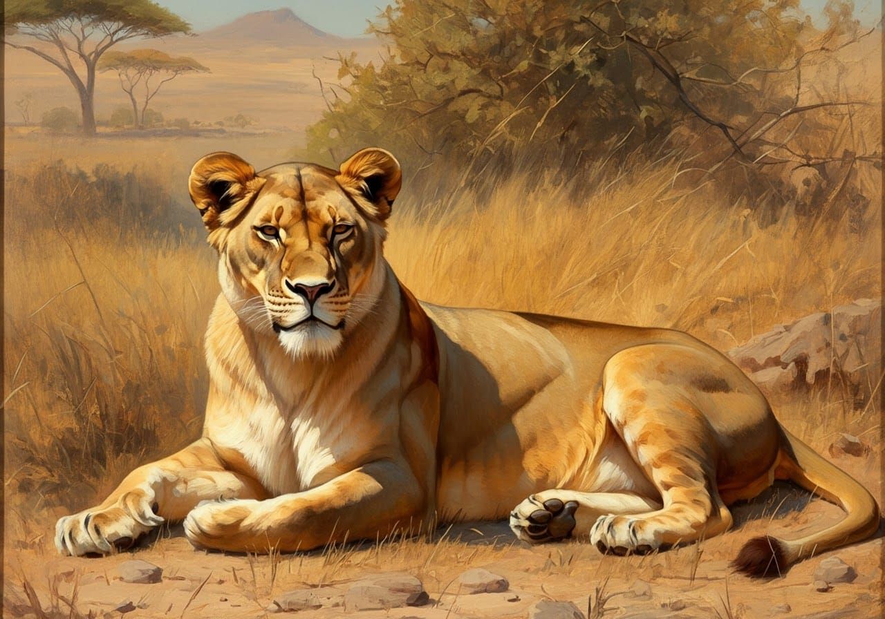 Lioness Resting Under African Sun: Wildlife Painting