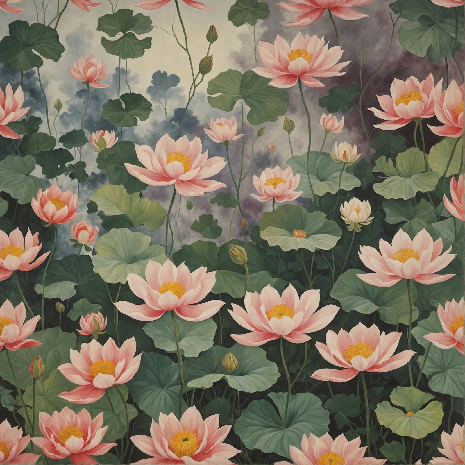 Art by Georgia O'Keeffe, Claude Monet, a mystical garden where each flower and leaf is a wisp of smoke, curling and unfu...