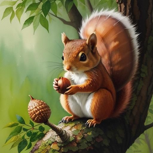 Watercolor Squirrel with Acorn, Photorealistic Style