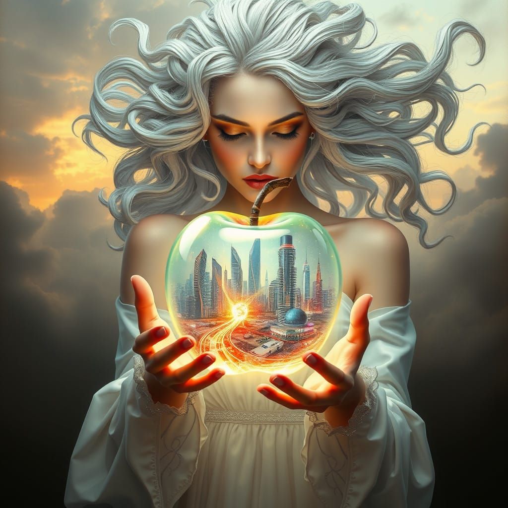 Visionary Woman Holds Mysterious Future Cityscape Apple