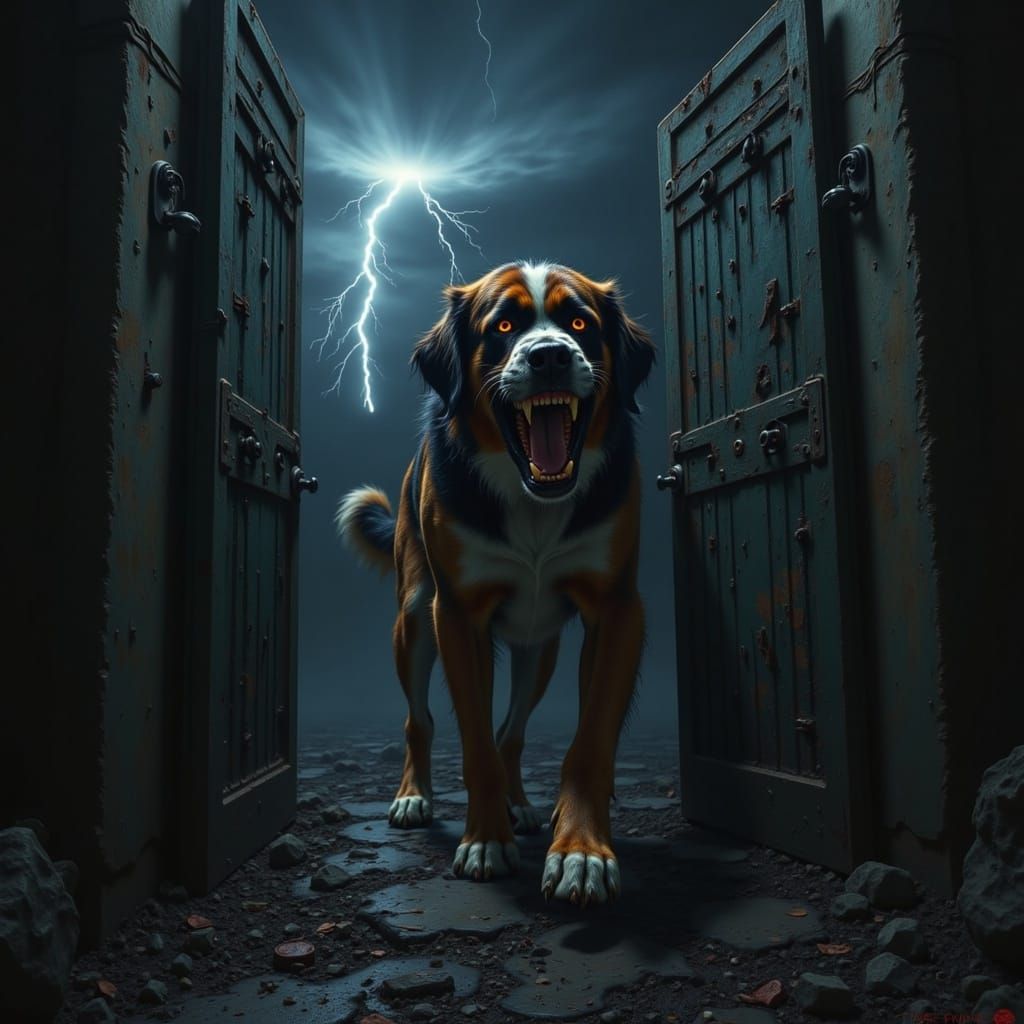 Menacing Saint Bernard Guarding Liminal Space in a Midnight...