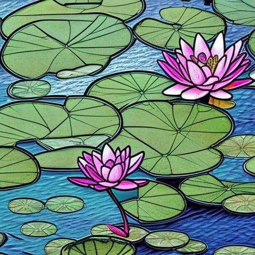 Stained Glass Water Lilies in Comic Book Style