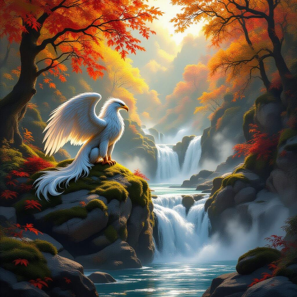 Majestic Griffin Overlooking Autumn Waterfall in Fantasy Sty...