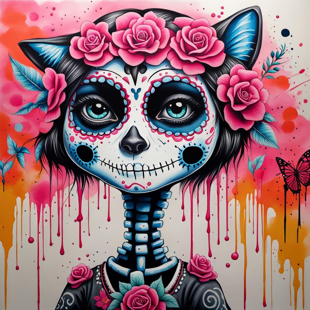 Pink Bear Catrina in Graffiti Art Style