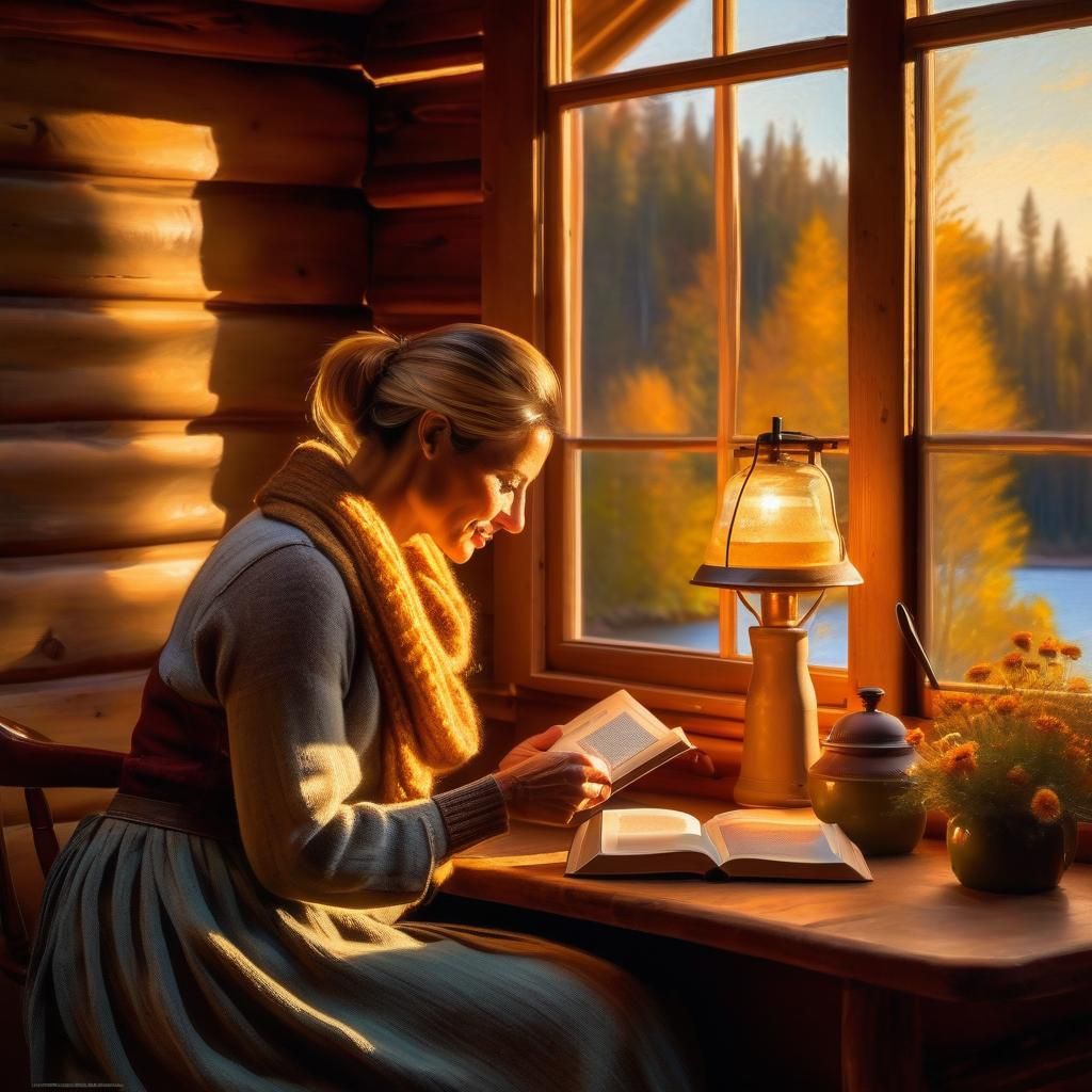 Cozy Cabin Reader in Impressionist Style