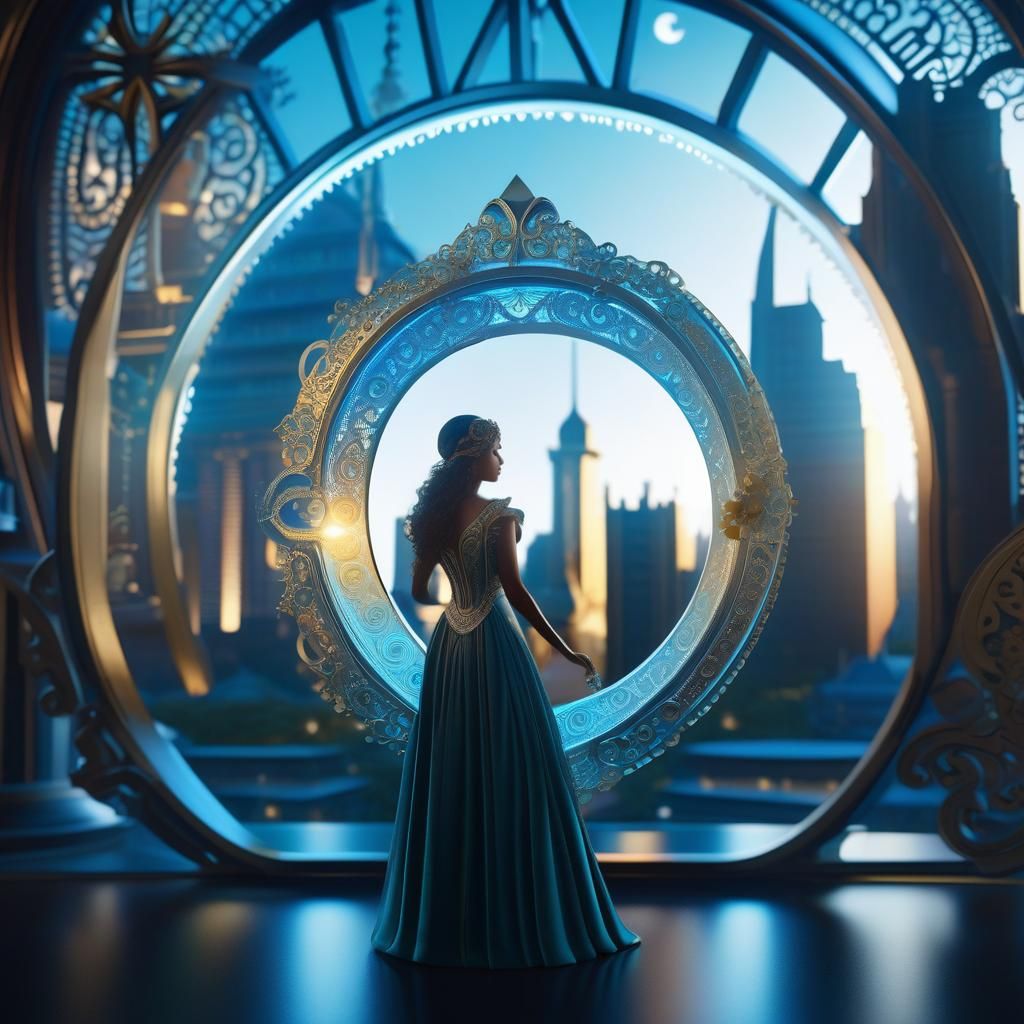 Ornate Moon Cradles Lady and Cityscape: Fantasy Art