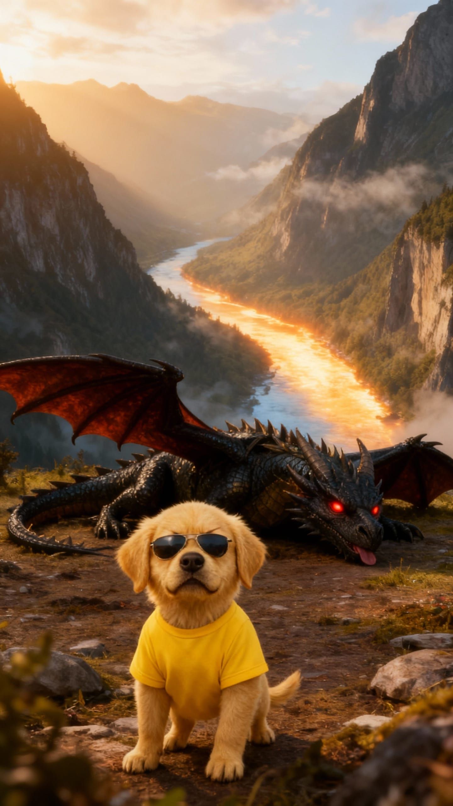 Angry Golden Puppy and Defeated Dragon in Epic Landscape