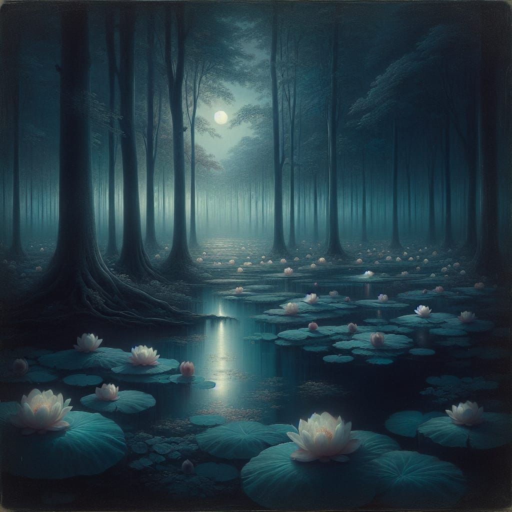 Ethereal Lotus Pond in Moonlight, Oil Painting