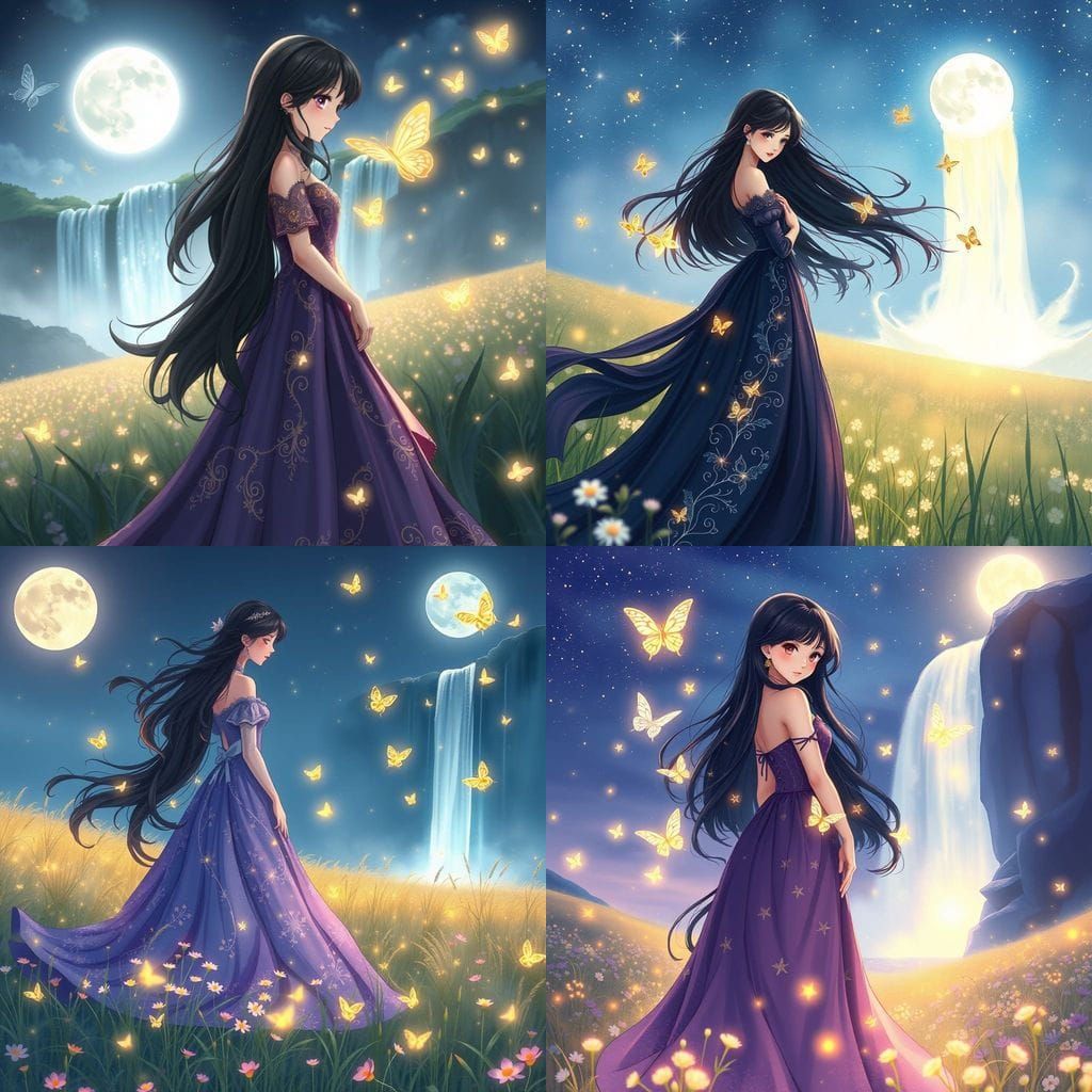 Anime Princess Under Starry Night Sky with Glowing Butterfli...