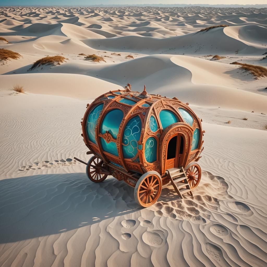 Fantastical Wooden Bubble Wagon on White Sand Mountain