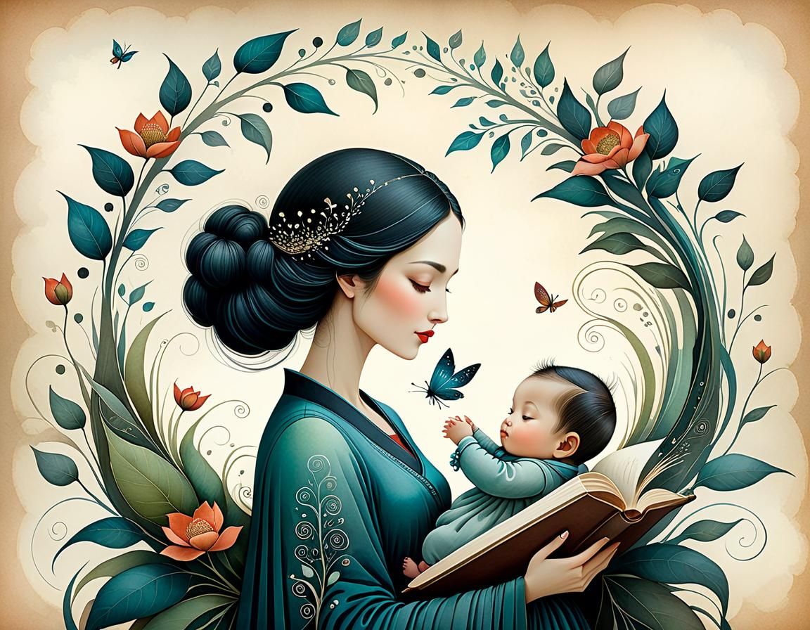 Sweet Mother and Baby Watercolor Illustration