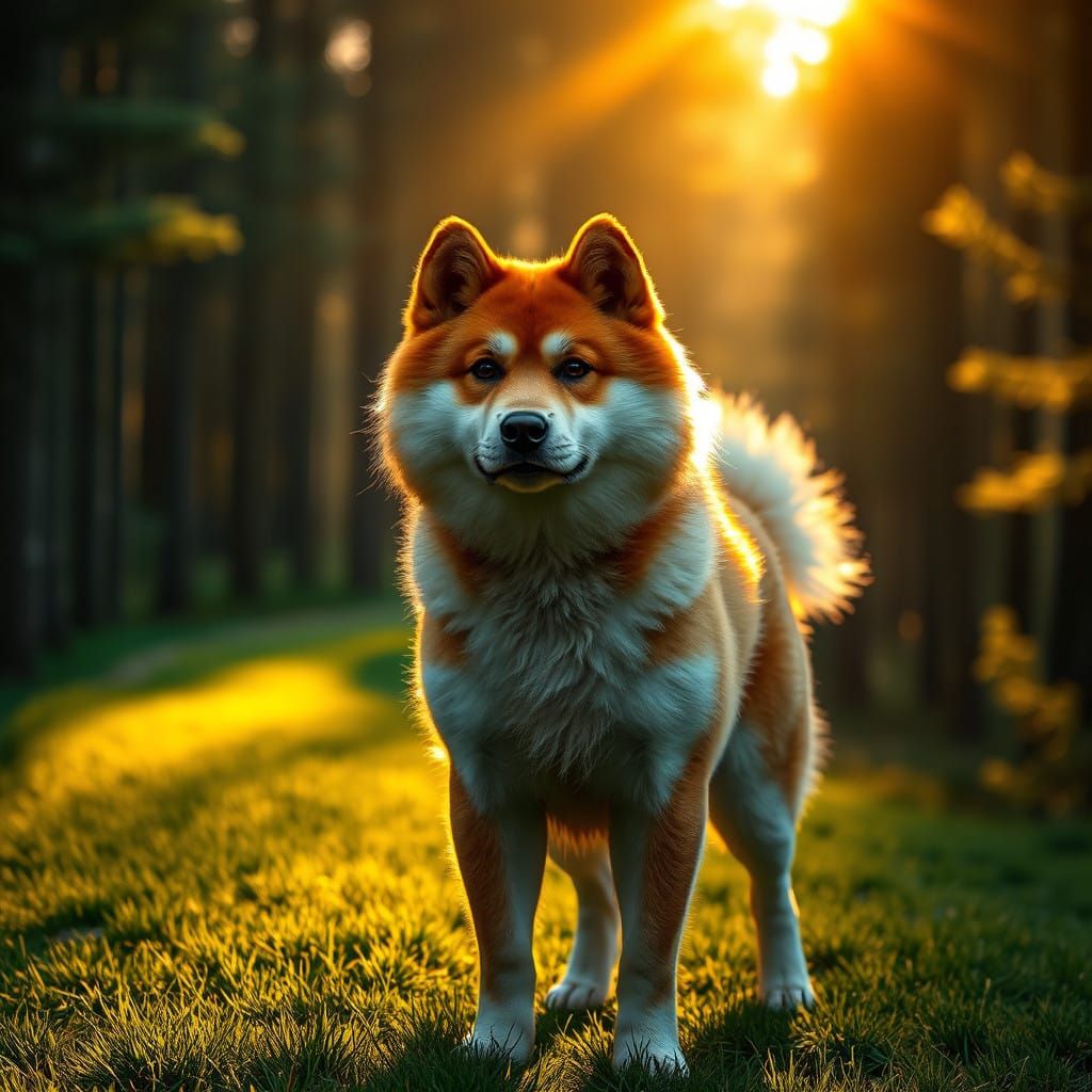 Young Akita Inu Waits Under Evening Pine Forest Canopy