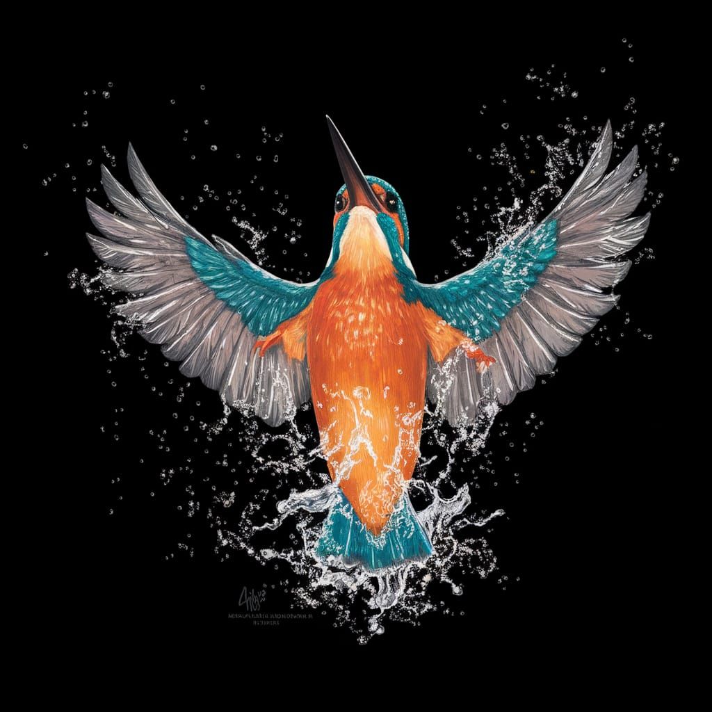 Vibrant Kingfisher in Mid-Dive, Rendered in Scratchboard Art