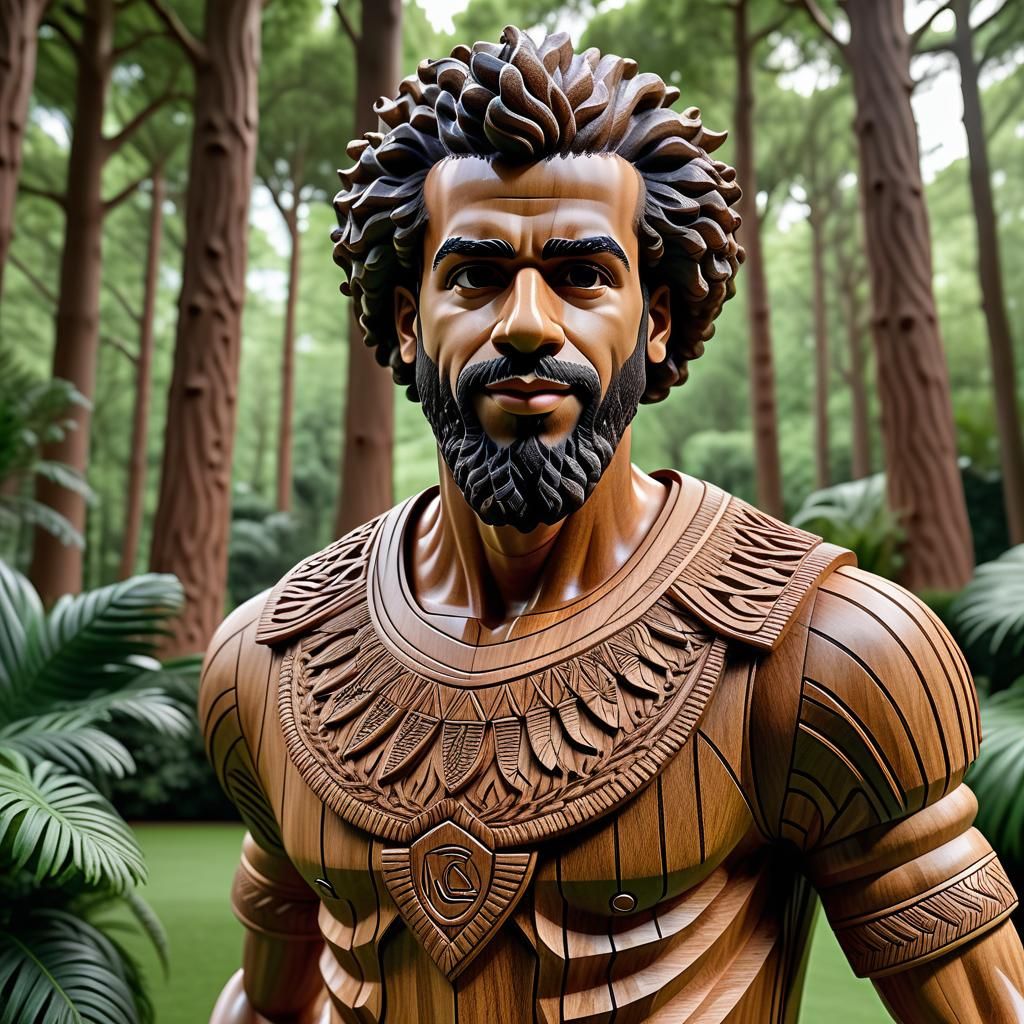 A wooden sculpture of Mo Salah,  football player, intricatel...