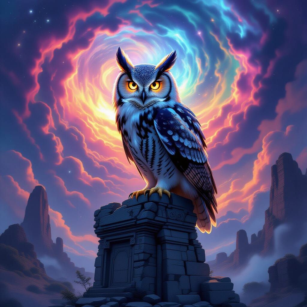 Majestic Owl on Ancient Ruin Amidst Cosmic Nebula