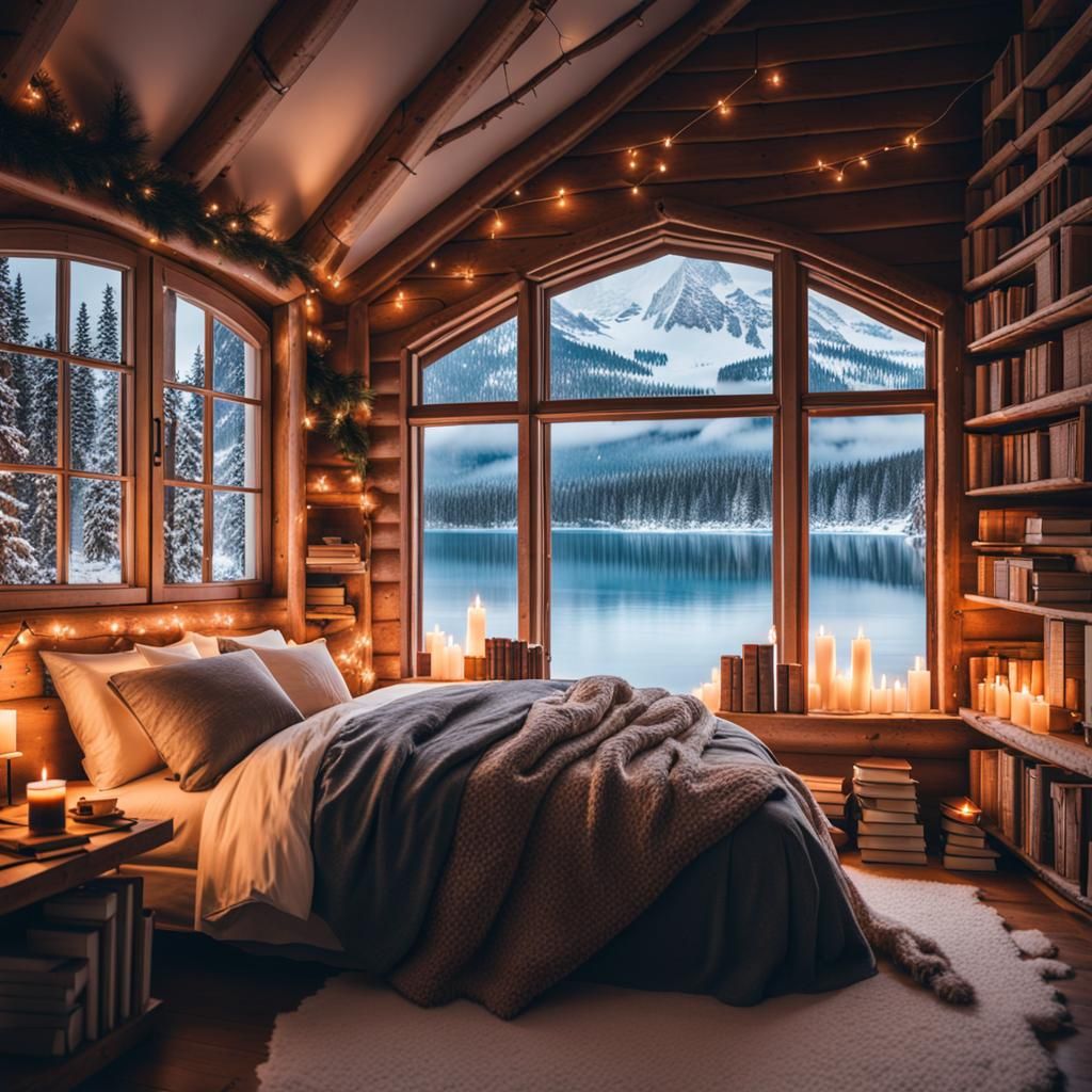 Cozy Winter Cabin Bedroom with Snowy Lake View