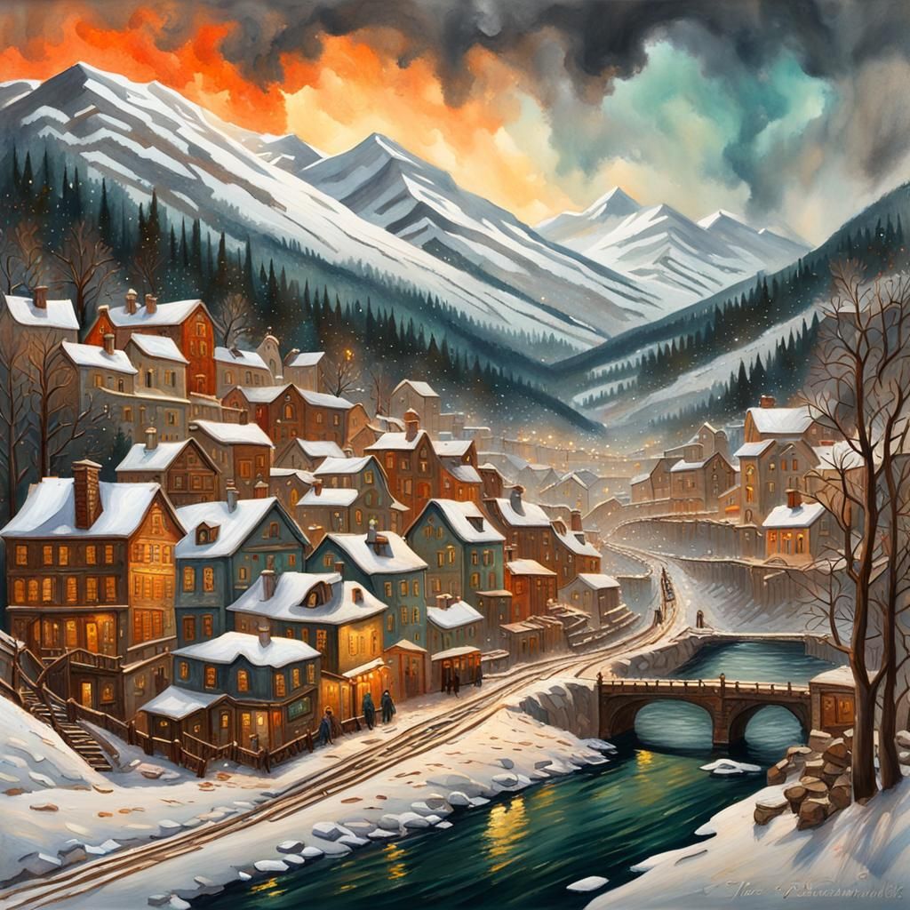 Christmas in a Winter Mining Town, Gouache Style
