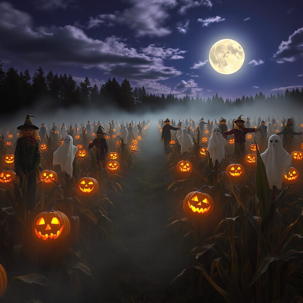 Haunted Corn Maze at Midnight with Ghostly Scarecrows