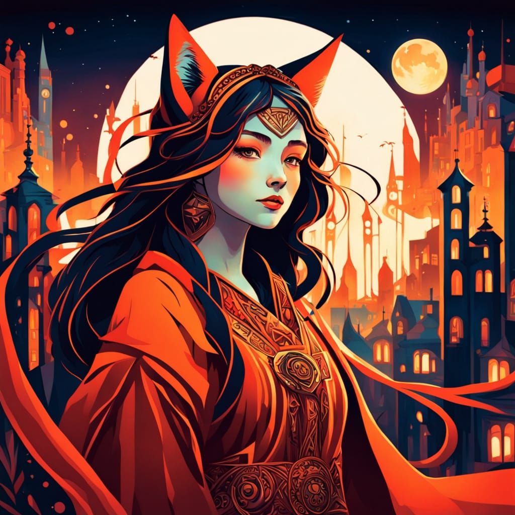 Cyberpunk Kitsune Goddess Under Blood Moon