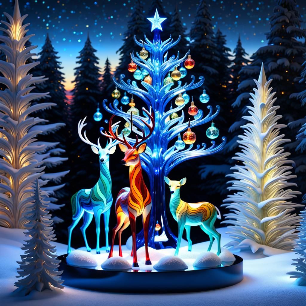 Glass Christmas Tree with Forest Animals at Night