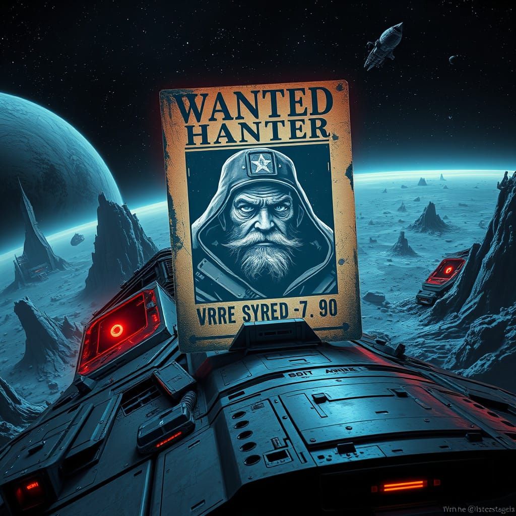 A futuristic wanted poster being projected off a spaceship into the abyss of space. dystopian post-apocalyptic