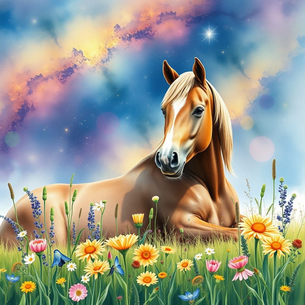 Vibrant Wildflowers and a Horse in Whimsical Watercolor